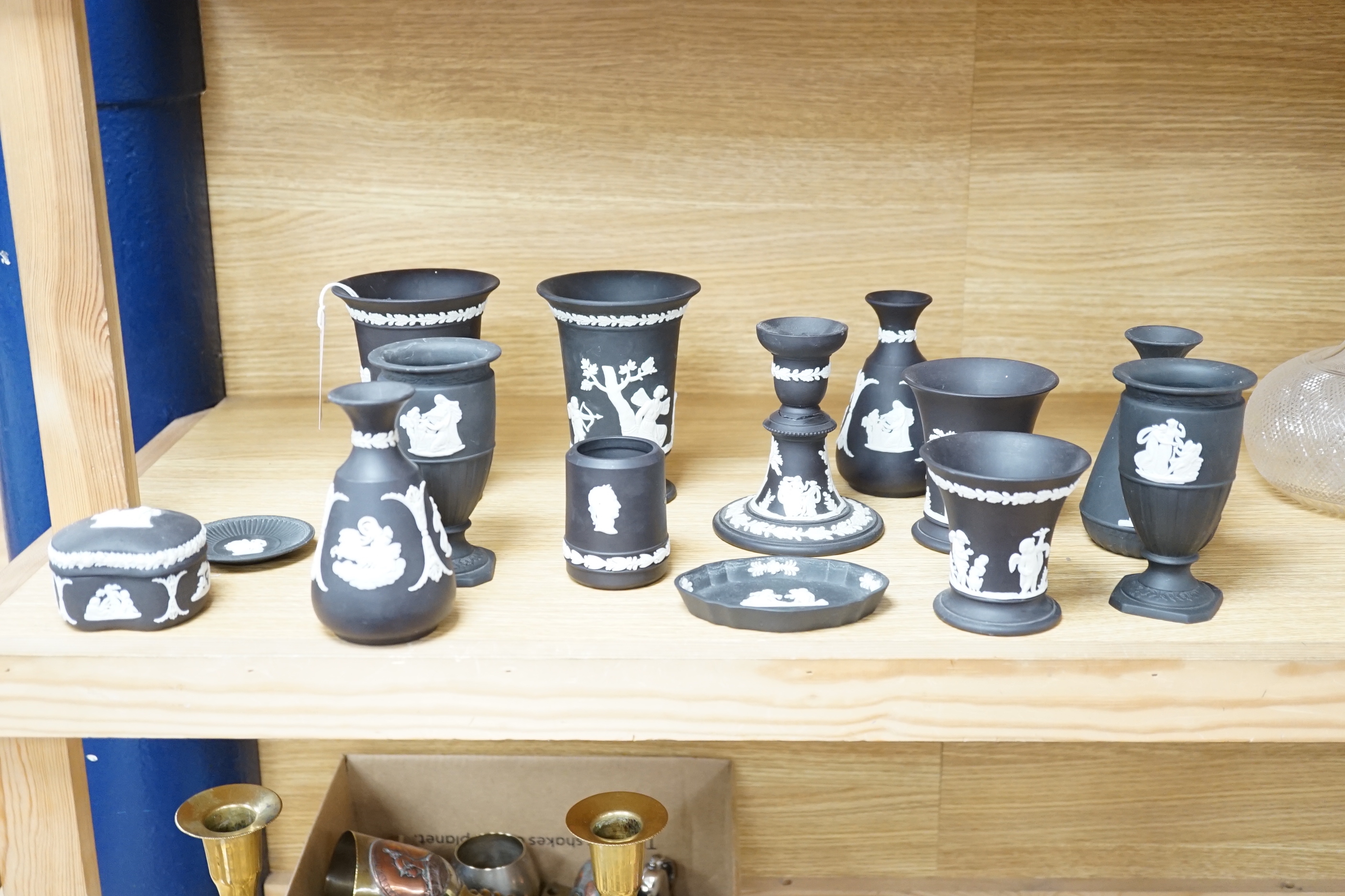 A collection of Wedgwood basalt jasperware, tallest 13.5cm